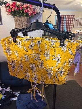 Decree Yellow Floral Smocked Tube Top with Tie Hem and Removable straps and cups